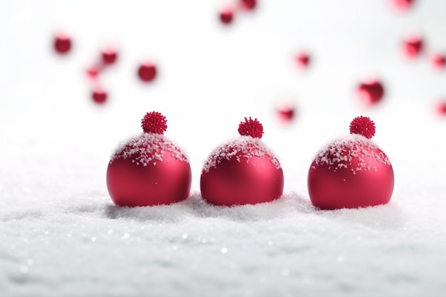 three red christmas ornaments are sitting in the snow generative ai