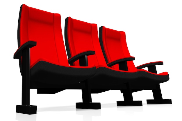 Photo three red cinema movie theater seats isolated on white background 3d illustration