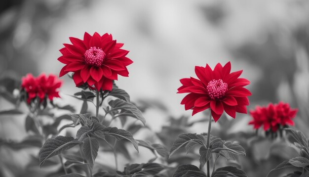 Three red flowers in a field