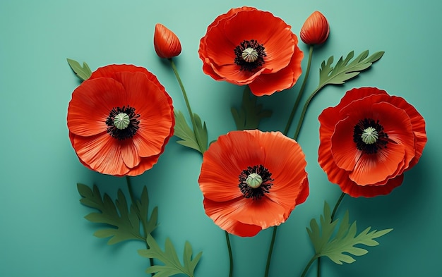 Three red flowers on a green background AI