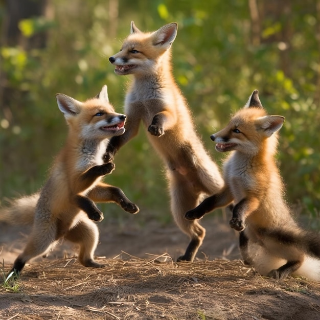 Three red fox cubs play with their paws up