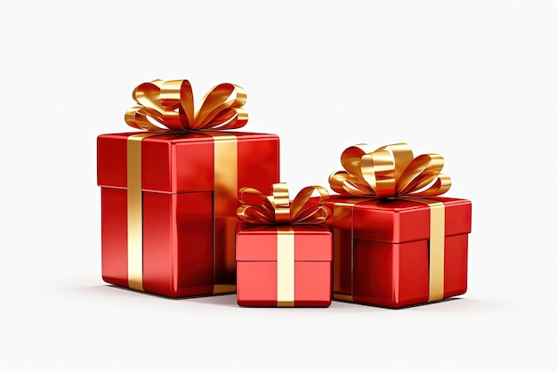 황금 리본과 활이 있는 세 개의 빨간 선물 상자
