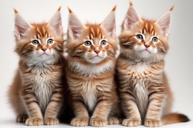 Three red kittens sit in a row, one of which is white and the other is black.