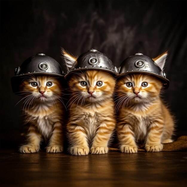 Three red kittens wearing Viking helmets generated by AI