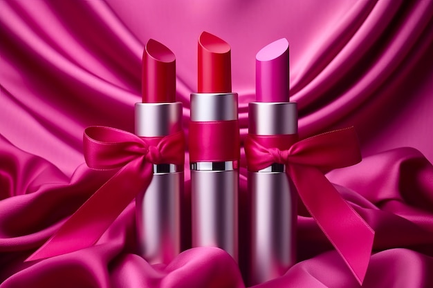 Three red lipsticks with bow on pink satin background with satin bow Generative AI