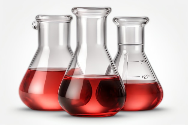 Three red liquid beakers are next to each other