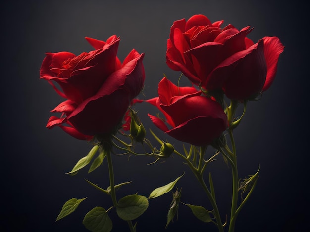 Three red roses are on a dark background.