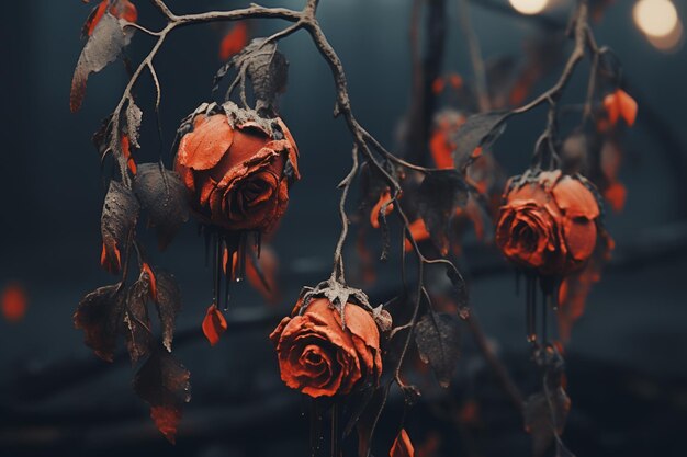 Photo three red roses on a branch in the dark