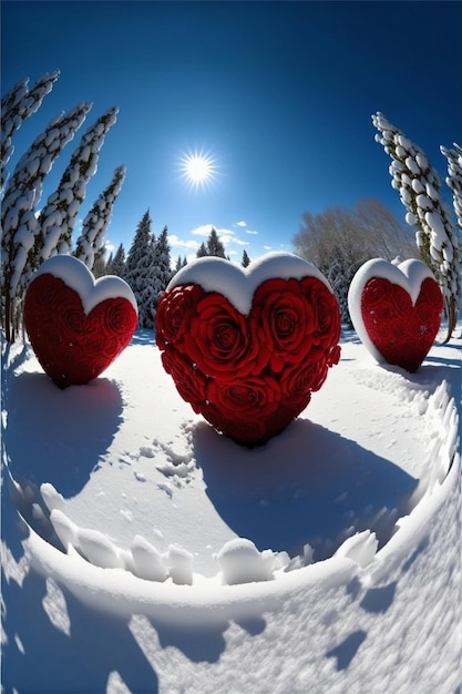 Three red roses in the shape of a heart in the snow generative ai