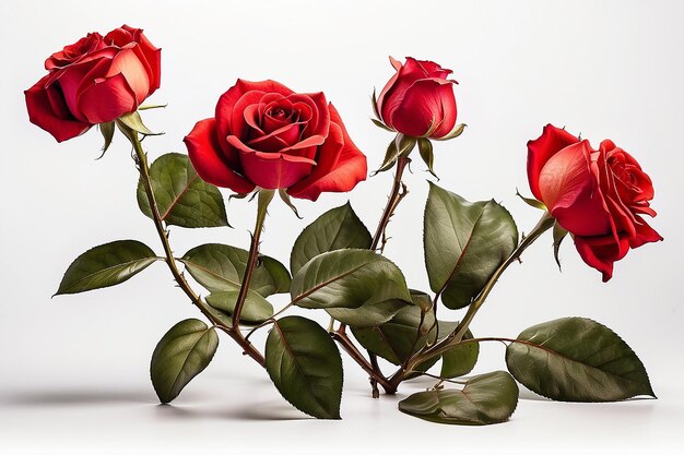 Three red roses with stem on white background