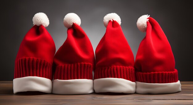 Photo three red santa hats are lined up on a wooden table generative ai