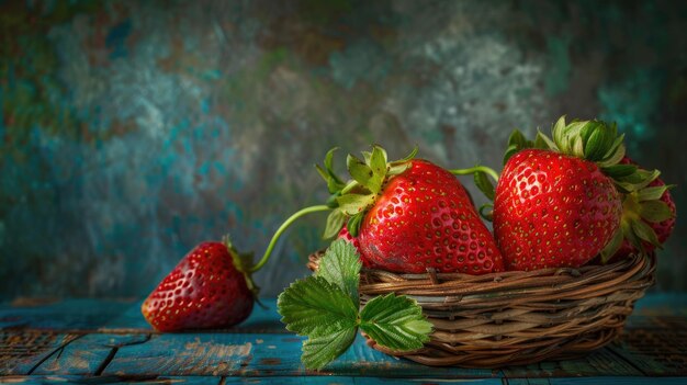 Three red strawberries in a basket on a wooden table