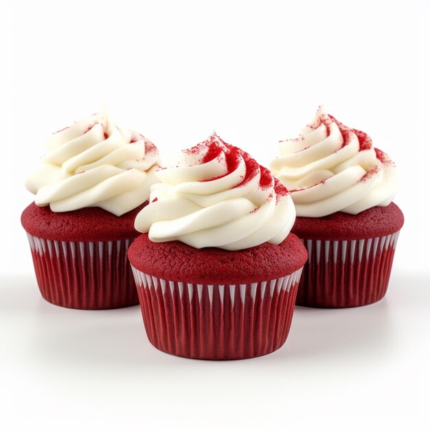 Three red velvet cupcakes with white frosting and red sprinkles generative ai