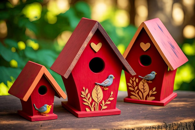 Three red wooden birdhouses in backyard of house