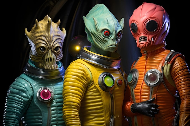 Three retro science fiction monster alien characters with cheesy costumes