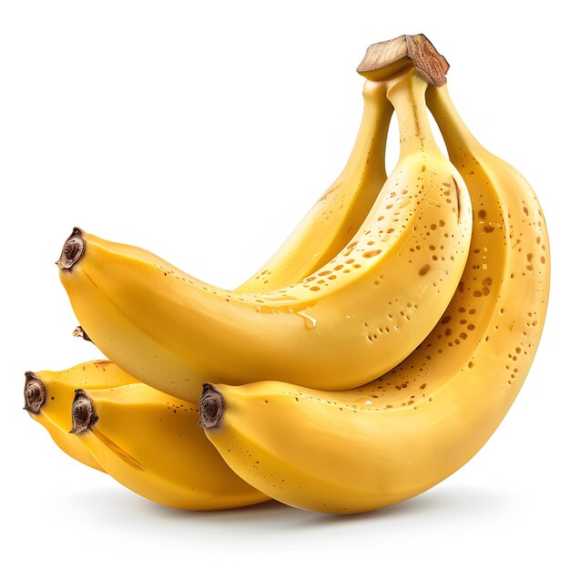 Photo three ripe bananas are displayed on a white background the bananas are yellow and have brown spots indicating that they are ripe and ready to eat