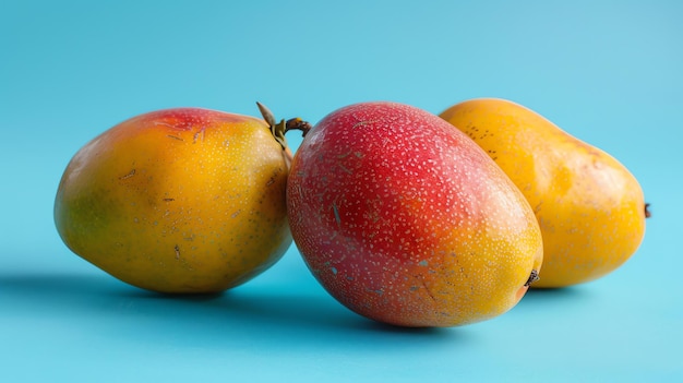 Three ripe mangoes isolated on blue background Closeup