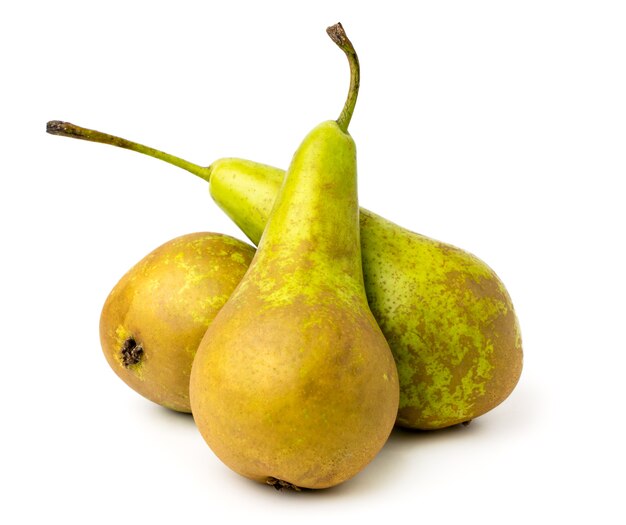 Three ripe pears on white, close up.