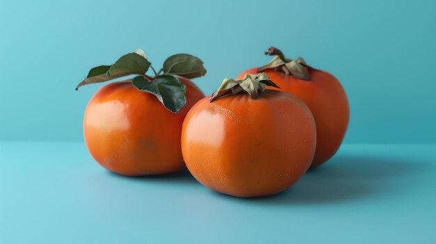 Photo three ripe persimmons with green leaves on a blue background