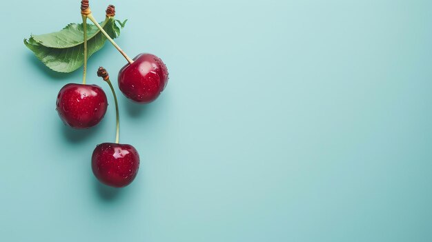 Three ripe red cherries with green leaves on a blue background