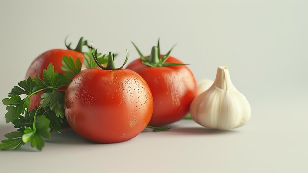 Three ripe red tomatoes with green stems and a head of white garlic sit on a solid white surface against a pale gray background