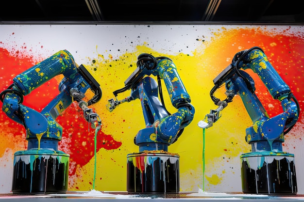 3 人のロボット塗装機が連携して作業し、表面を大胆で鮮やかな色で塗装します。