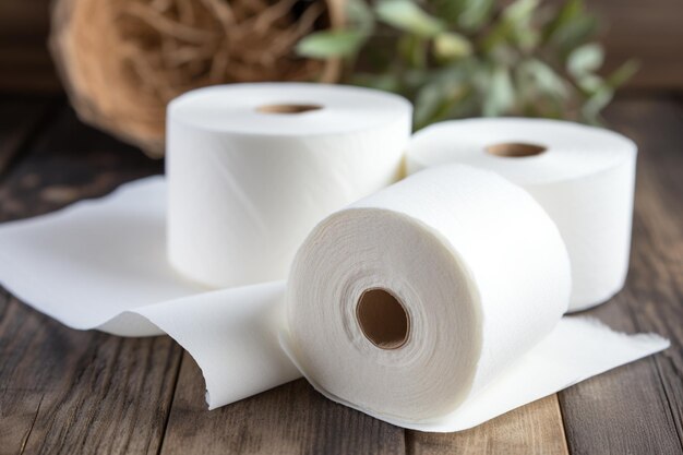 Three rolls of toilet paper on a wooden table with a plant in the background generative ai