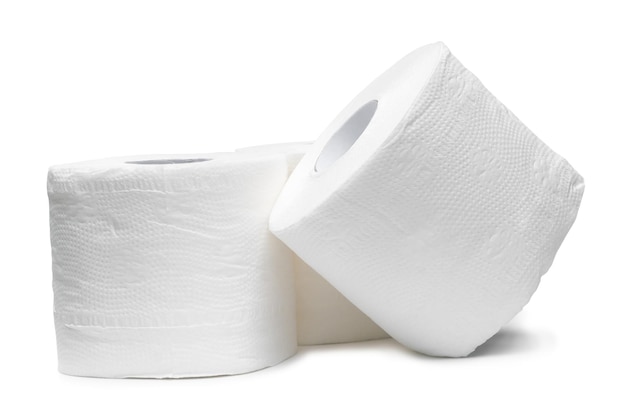 Three rolls of white tissue paper or napkin prepared for use in toilet or restroom isolated on white background with clipping path