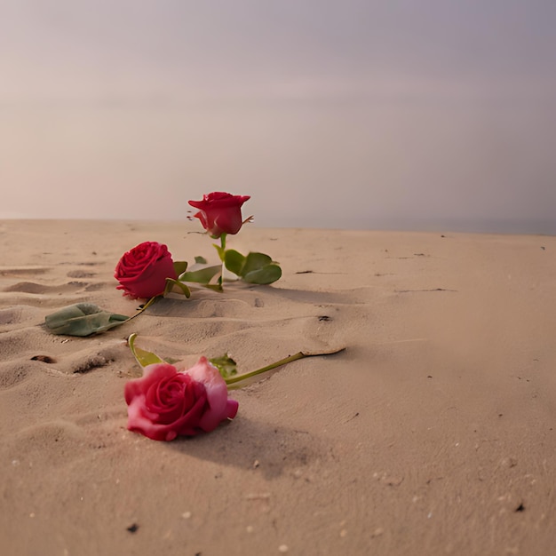 写真 3つのバラが砂の上に横たわっていますそのうちの1つにはバラという文字が書かれています