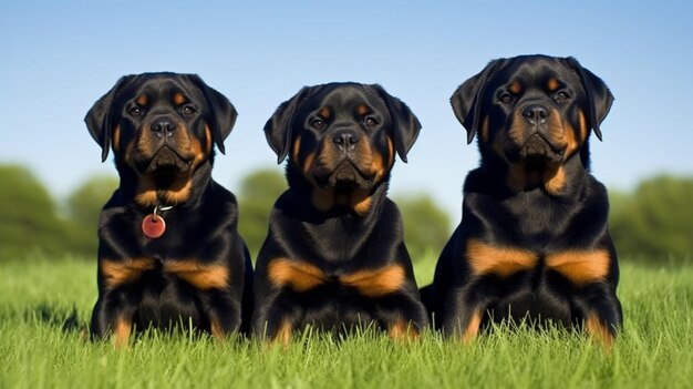 Photo three rottweilers sitting in a field