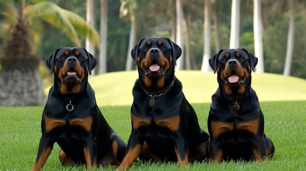 Photo three rottweilers sitting in the grass