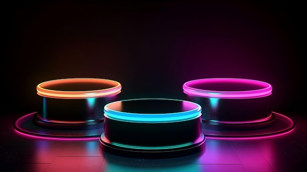 Three round metal containers with neon lights on the top.