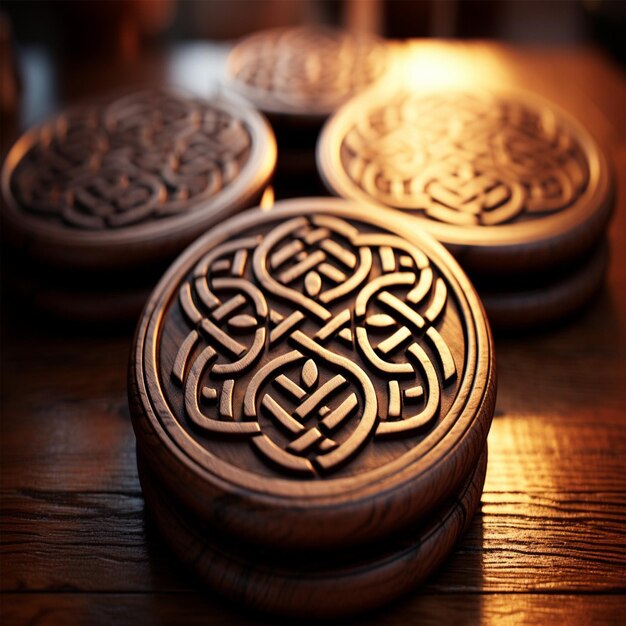 Photo three round objects are on a wooden table one of which has a cross on the top