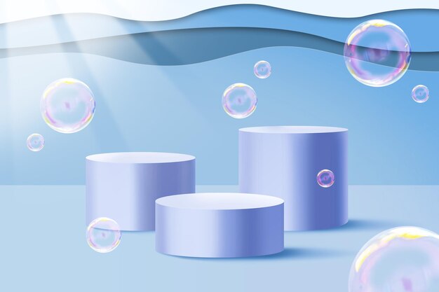 Photo three round pedestals with a blue background and a white banner that says'bubbles '