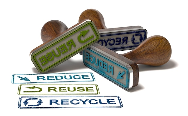 Photo three rubber stamps with the words reduce reuse and recycle over white background waste management concept 3d illustration