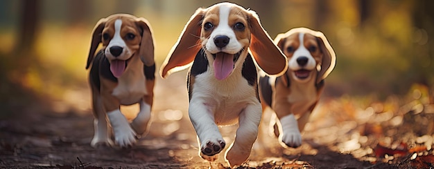 Foto tre cani beagle in corsa