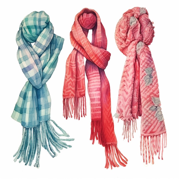 Three scarves are lined up in a row on a white background generative ai