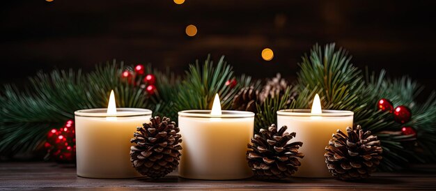 Three scented wax candles in a pine cone Christmas garland enhance the atmosphere provide aromatherapy and create a feeling of comfort and peace