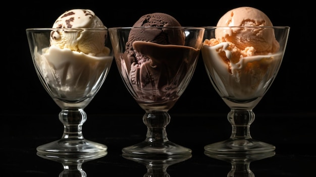 Three scoops of ice cream are displayed in a glass bowl.