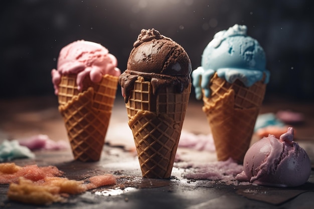 Three scoops of ice cream are on a table with one being covered in ice cream.