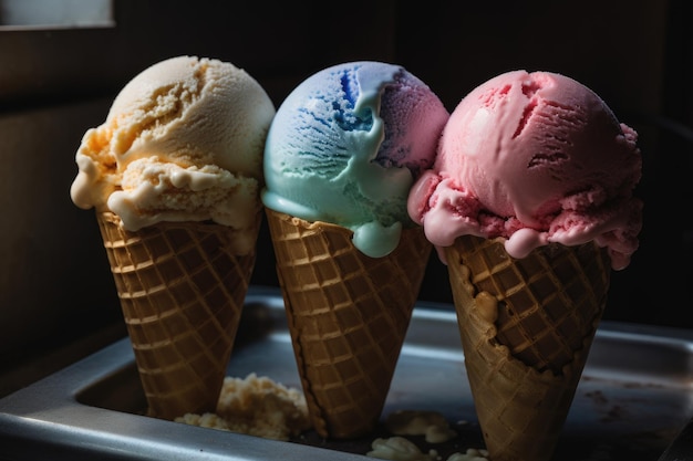 Three scoops of ice cream are on a table.