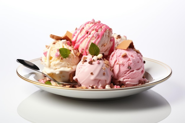 Three Scoops of Ice Cream in a Bowl Three scoops of creamy delicious ice cream sit neatly in a small bowl ready to be enjoyed on White or PNG Transparent Background