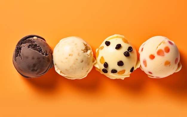 Three scoops of ice cream sit in a row on an orange surface generative ai