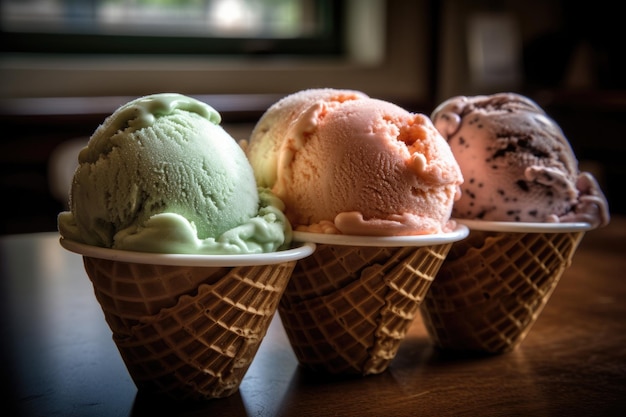 Three scoops of ice cream sit in a row on a table.