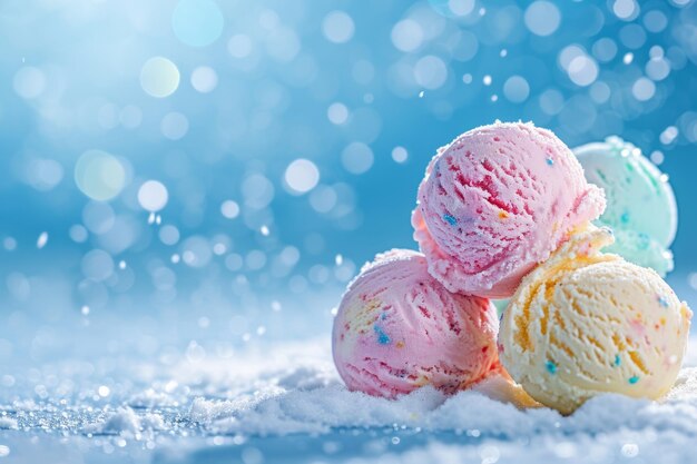 Photo three scoops of ice cream on a sparkling blue background