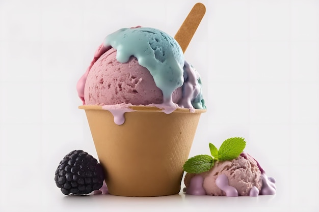 Three scoops of ice cream in a waffle cone Generative AI