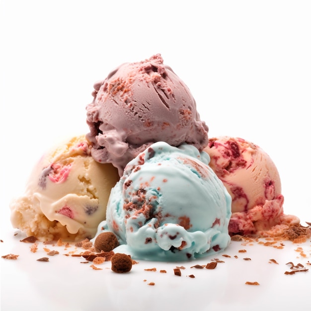 Three scoops of ice cream with one being crushed by a pile of nuts.