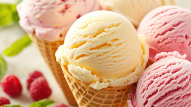 Three scoops of ice cream with raspberries a delicious dessert