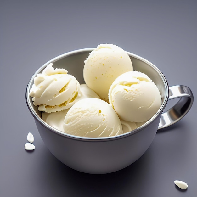 Три шарика ванильного мороженого в чашке.