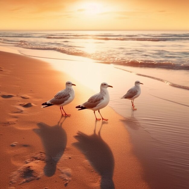 Three seagulls standing on the beach at sunset with the sun setting generative ai